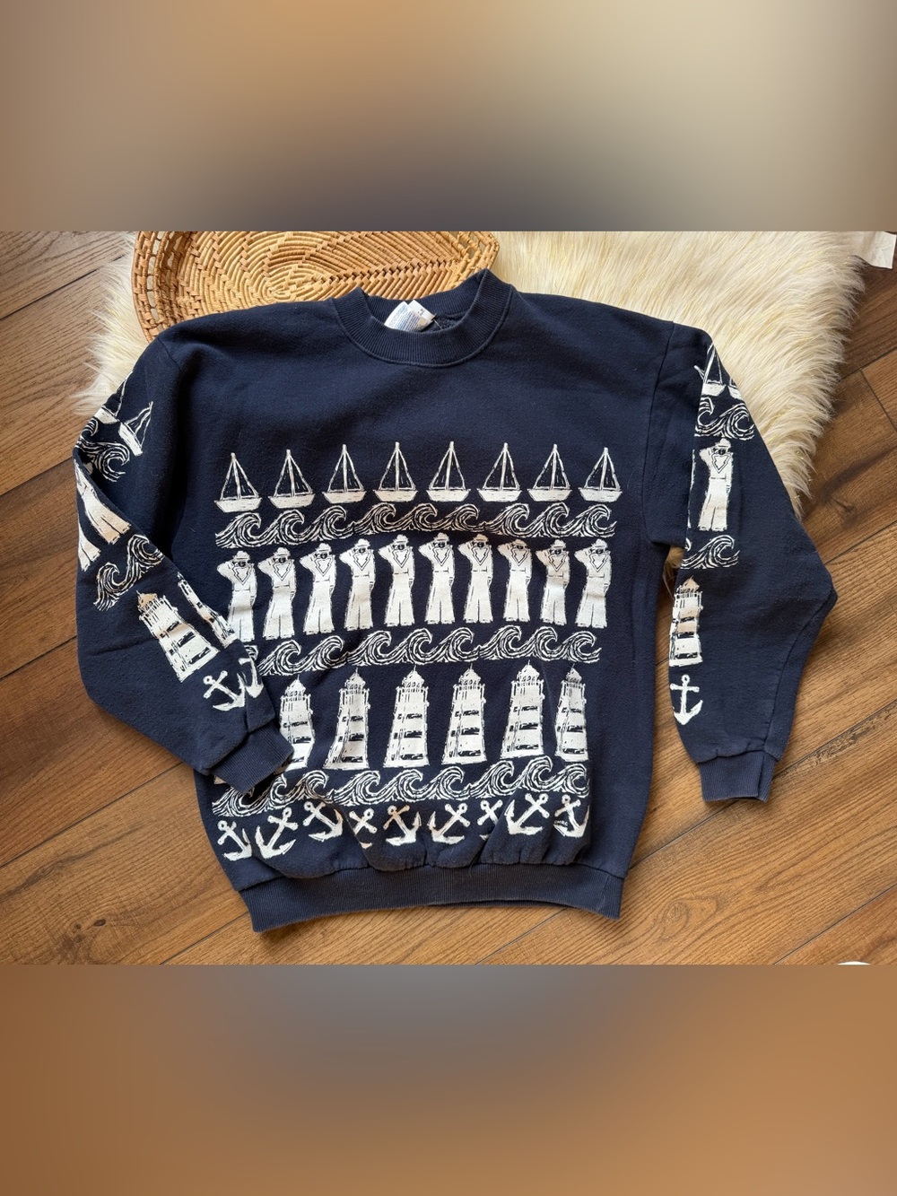 Michigan Rag Co Vintage Nautical Sailboat Waves Sailors Sweatshirt Size Large
